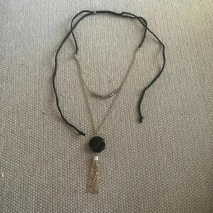 Black fabric strand multi layered black stone gold tassel boho necklace